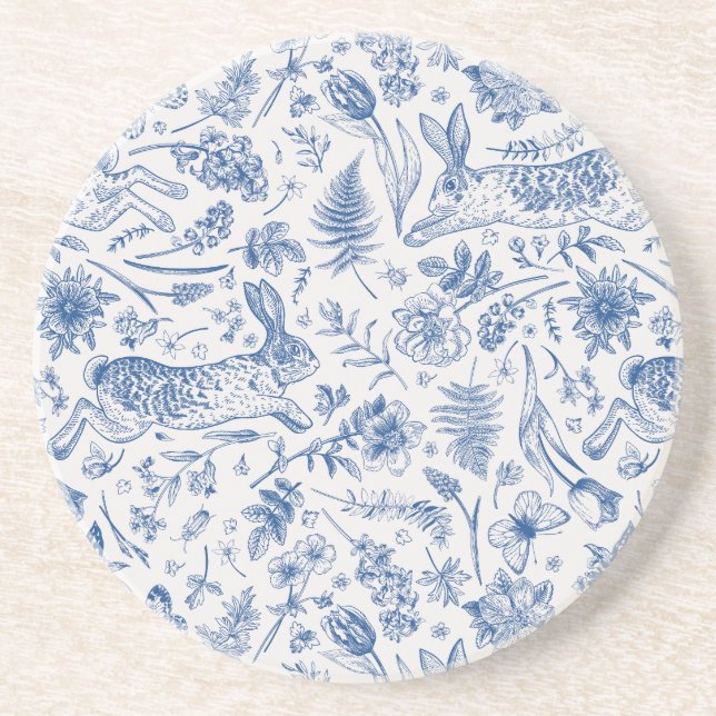 Blue vintage rabbits and spring flowers pattern coaster (Front)
