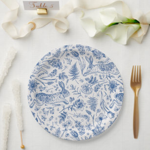 Blue vintage rabbits and spring flowers pattern paper plates