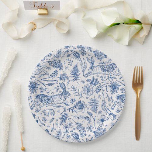 Blue vintage rabbits and spring flowers pattern paper plates