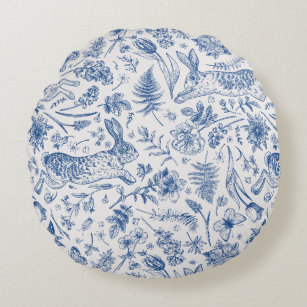 Blue vintage rabbits and spring flowers pattern round pillow
