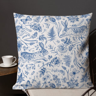 Blue vintage rabbits and spring flowers pattern throw pillow