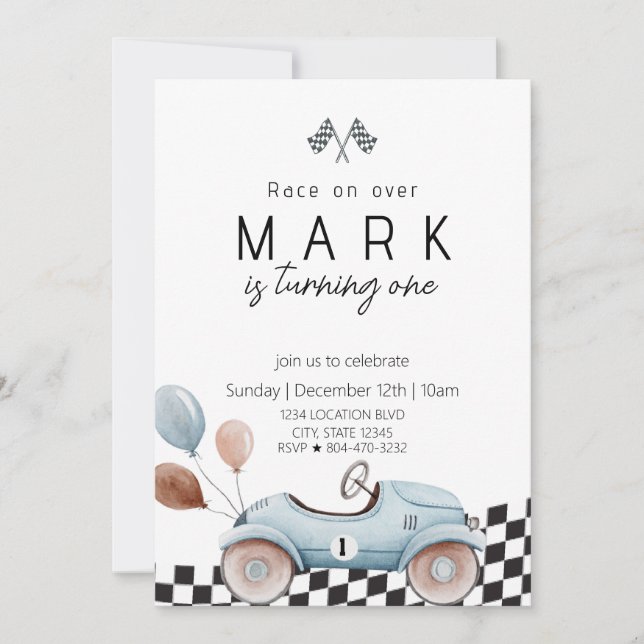 Blue Vintage Race Car Birthday Invitation (Front)