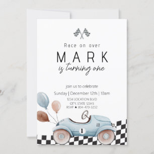 Blue Vintage Race Car Birthday Invitation