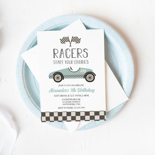 blue Vintage Race Car Birthday Invitation