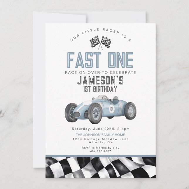 Blue Vintage Race Car Birthday Party for Boy Invitation (Front)