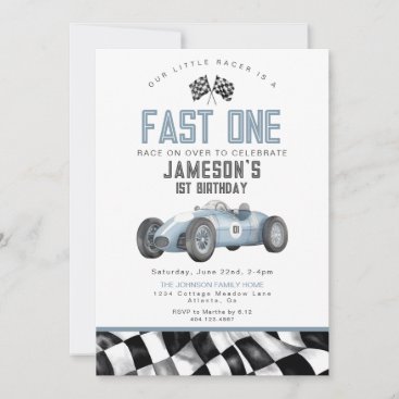 Blue Vintage Race Car Birthday Party for Boy Invitation