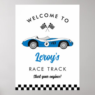 Blue Vintage Race Car Boy 2nd Birthday Welcome Poster