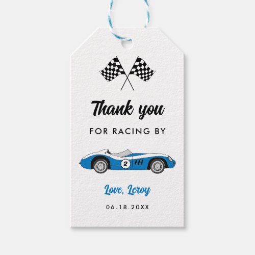 Blue Vintage Race Car Thank You Birthday Gift Tags