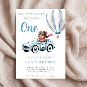 Blue Vintage Racing Bear Race Car 1st Birthday Invitation