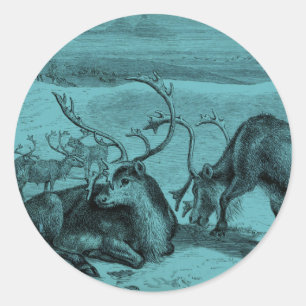 Blue Vintage Reindeer Illustration Classic Round Sticker