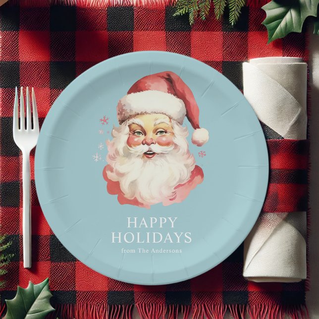 Blue Vintage Retro Santa Claus Christmas Paper Plates (Creator Uploaded)