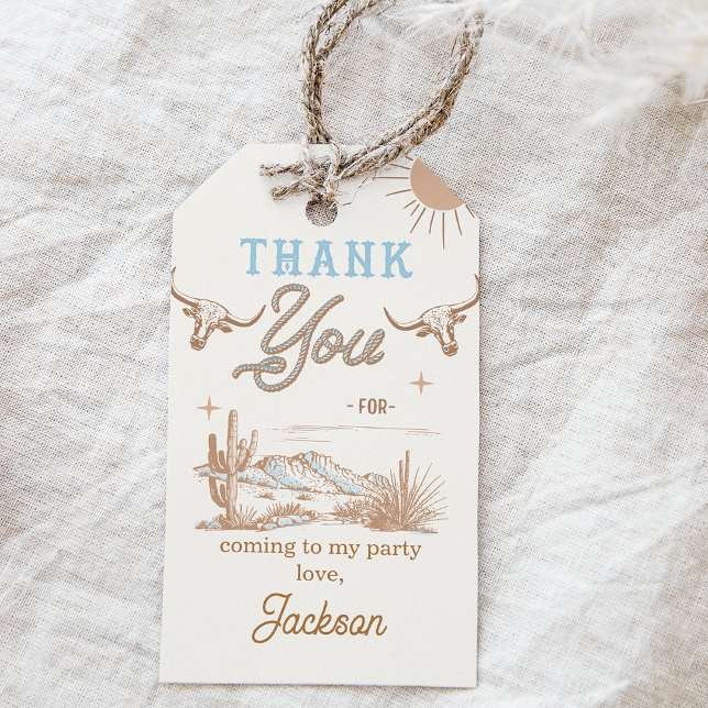 Blue Vintage Rodeo Birthday Thank You Gift Tags (Blue Vintage Rodeo Birthday Thank You Tag, Wild West Western Birthday Thank You Tags, Western Desert)