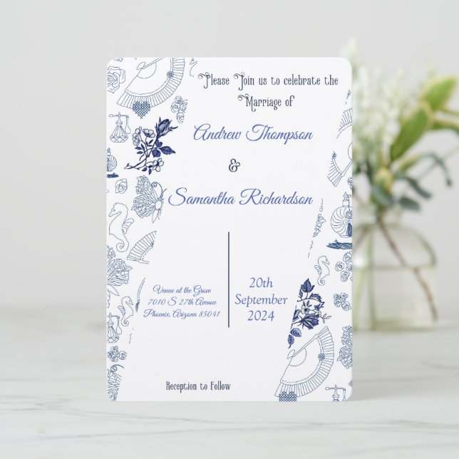 Blue Vintage Romance Wedding Invitations (Standing Front)