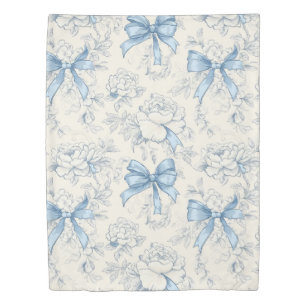 Blue Vintage Romantic Cottagecore Floral Bow Duvet Cover