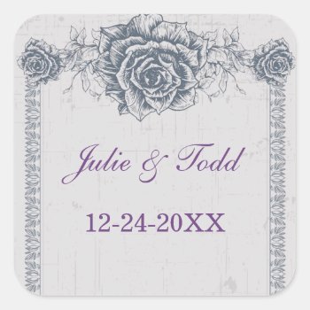 Blue Vintage Rose Border Save The Date Wedding Square Sticker by Lasting__Impressions at Zazzle