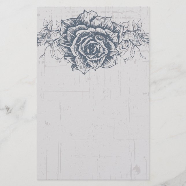 Blue Vintage Rose Border Stationery (Front)