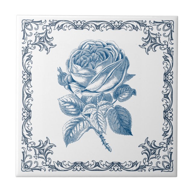 blue vintage rose ceramic tile (Front)