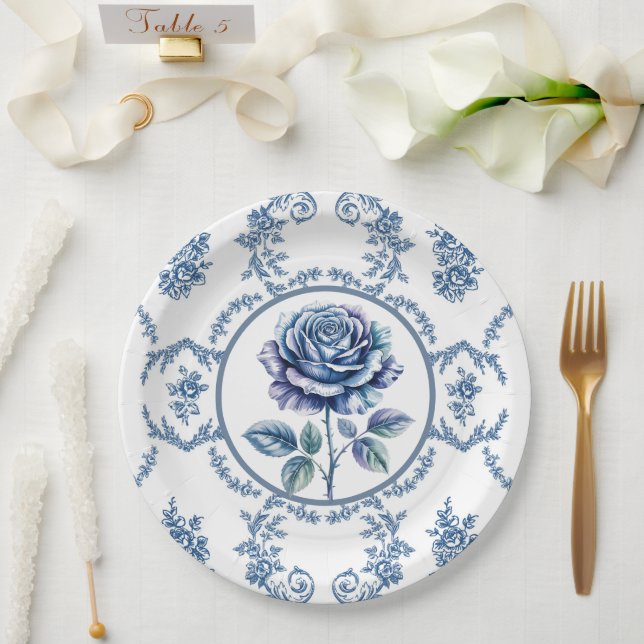 Blue Vintage Rose Paper Plates (Wedding)