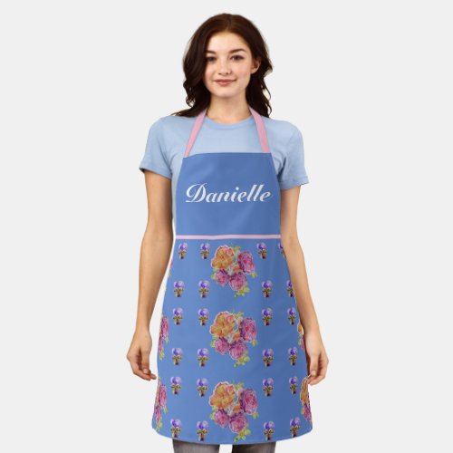 Blue Vintage Rose Roses Watercolor Customizable Ap Apron