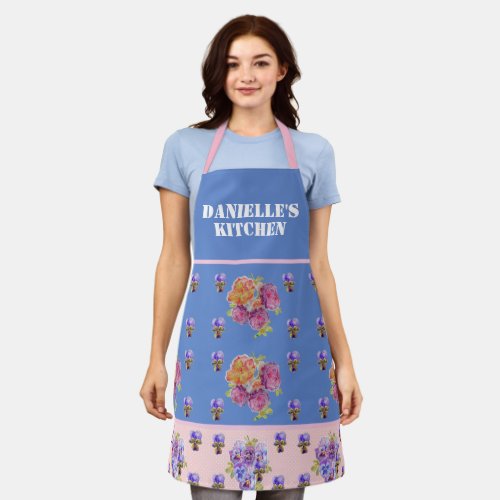 Blue Vintage Rose Roses Watercolor Customizable Apron