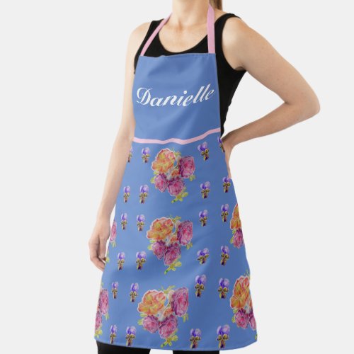 Blue Vintage Rose Roses Watercolor Customizable Apron