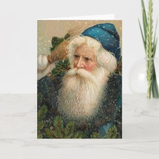Blue Vintage Santa Claus and Snowflakes Holiday Card