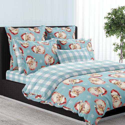 Blue Vintage Santa Claus Blue Plaid Christmas Duvet Cover