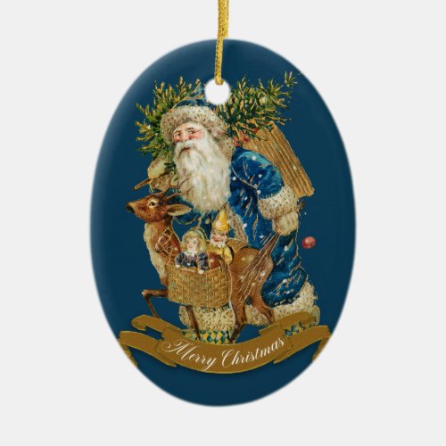 Blue Vintage Santa Claus Classic Christmas Custom Ceramic Ornament