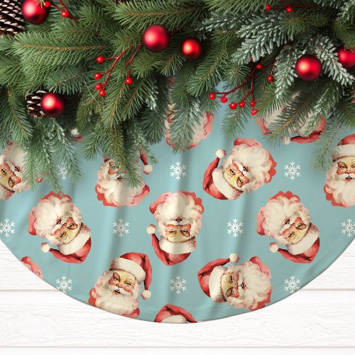 Blue Vintage Santa Claus Face Watercolor Brushed Polyester Tree Skirt