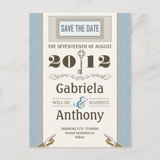 blue vintage save the date unique postcards (Front)