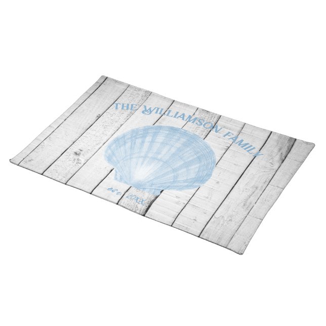 Blue Vintage Scallop Shell Cloth Placemat (On Table)