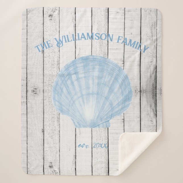 Blue Vintage Scallop Shell Sherpa Blanket (Front)