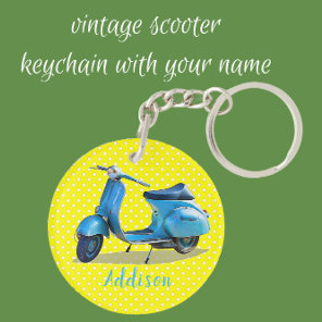 Blue Vintage Scooter on Yellow Background Keychain