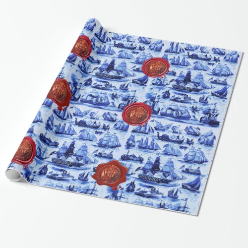 BLUE VINTAGE SHIPSSAILING VESSELS Red Wax Seal Wrapping Paper