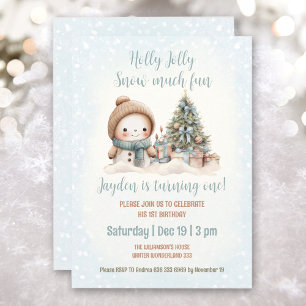 Blue Vintage Snowman Boy Christmas 1st Birthday  Invitation