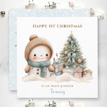 Blue Vintage Snowman Boy First Christmas Card<br><div class="desc">Christmas card with an adorable vintage snowman in blue for baby boy or little boy. Easily personalize the text. - Kate Eden Art</div>