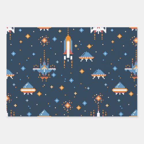 Blue vintage space war galaxy stars pattern wrapping paper sheets