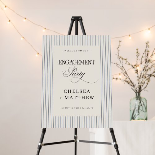 Blue Vintage Stripe Engagement Party Welcome Sign