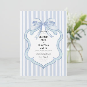 Blue Vintage Stripe Ribbon Bow Wedding Invitation