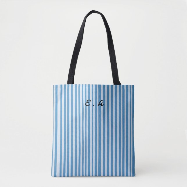 Blue Vintage Stripes Pattern Monogram Tote Bag (Front)