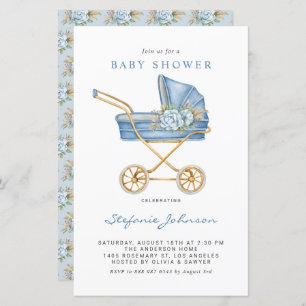 Blue Vintage Stroller Baby Shower Invitation