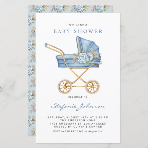 Blue Vintage Stroller Boy Baby Shower Invitation
