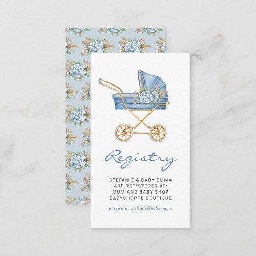 Blue Vintage Stroller Floral Baby Shower Registry Enclosure Card