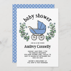 Blue Vintage Stroller Greenery Boy Baby Shower Invitation