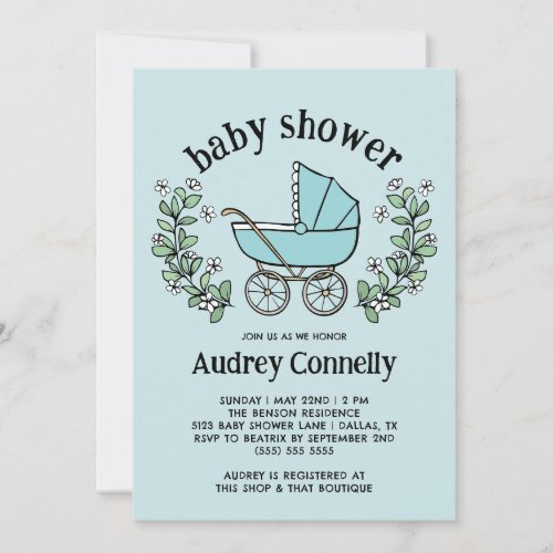 Blue Vintage Stroller Greenery Boy Baby Shower Invitation
