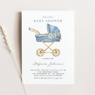 Blue Vintage Stroller It's a Boy Baby Shower Invitation
