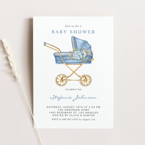 Blue Vintage Stroller Its a Boy Baby Shower Invitation
