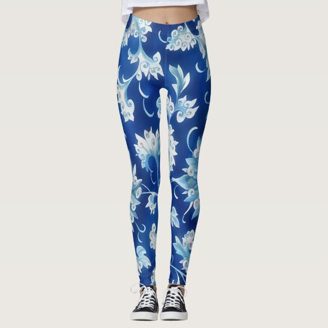 Blue Vintage Style Floral Art Leggings (Front)