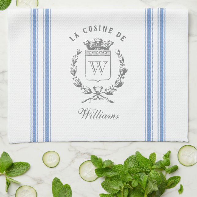 Blue Vintage Style French Sack with Custom Name Kitchen Towel (Folded)