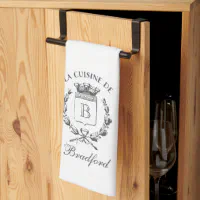 Navy Buffalo Plaid Kitchen Towel, Laurel Wreath Personalized Dish
